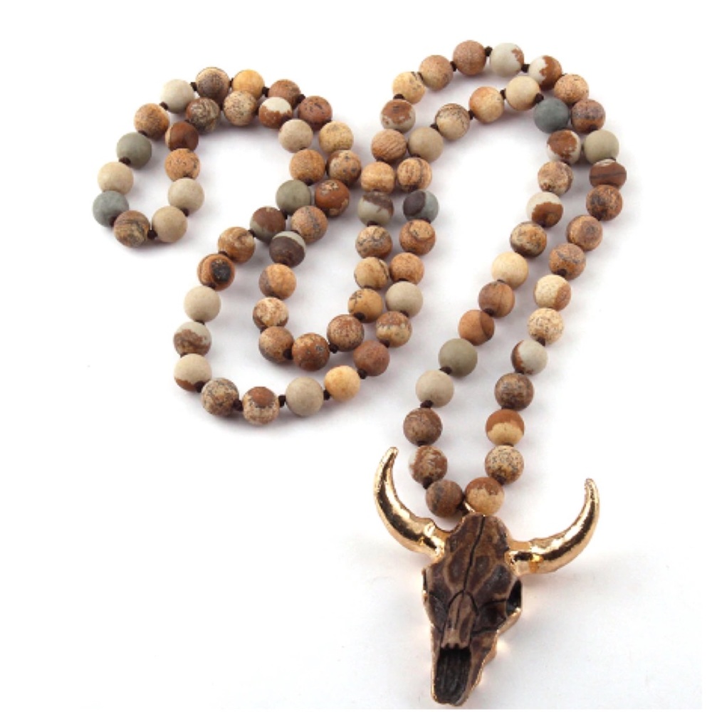 Bohemian Beaded Necklace with Bull Skull Pendant